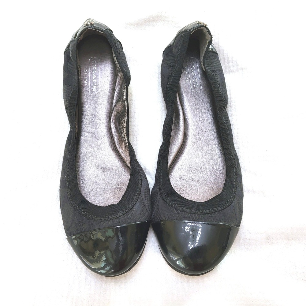 Coach Wanda Black Patent Leather Cap Toe Logo Fabric Ballet Flats 7 - Picture 2 of 11